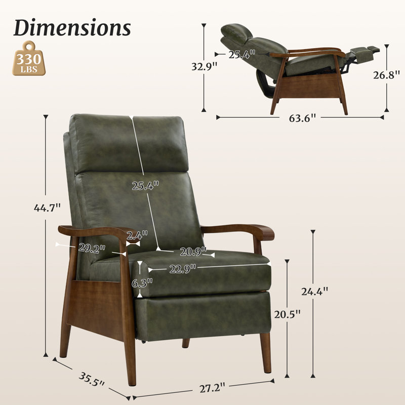 Genuine Leather Push Back Recliner Chair, Solid Wood Arm Mid Century Modern High Back Recliner, 3 Position Adjustable Manual Reclining Lounge Chair for Living Room Bedroom And Reading Nook