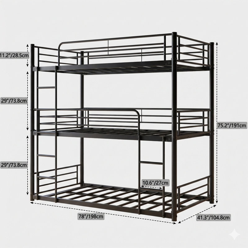 Ensemble de lit superposé triple triple, structure de lit superposé simple au-dessus de simple au dessus d'un lit simple en métal, comprend deux échelles fixes, rampes de sécurité faciles d'accès, sommier non requis (noir)