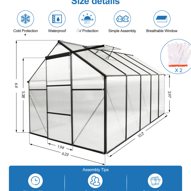 6X10 Ft Walk-In Greenhouse With Galvanized Base For Optimal Plant Growth All Season Sliding Door And Drainage Year Round