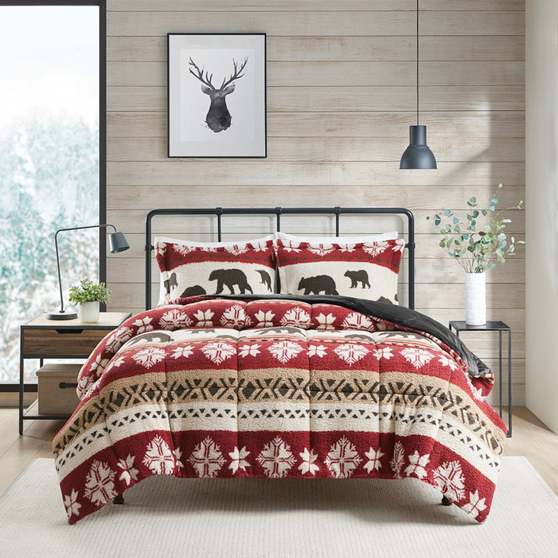 Édredon grand - motif ours et motif de flocons de neige rustique avec rembourrage. . 2 taies décoratives. Lavable à la machine. Réversible en faux vison. Motif. . Comprend un réversible en vison doux.