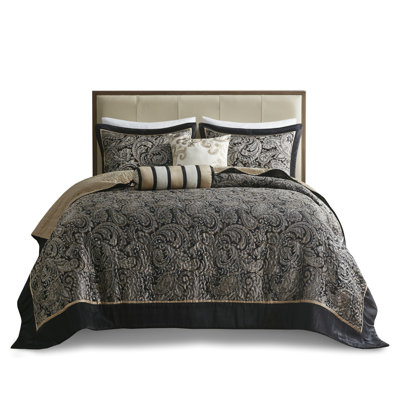Queen Size Bedspread 5 Piece - Black With Gold Detailing And Paisley Updated Shell