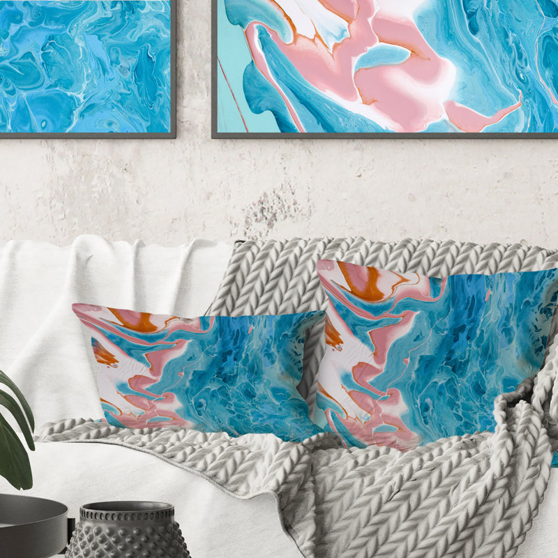 Turquoise et rose Marble Universe - Coussin décoratif imprimé moderne, 16 po x 16 po