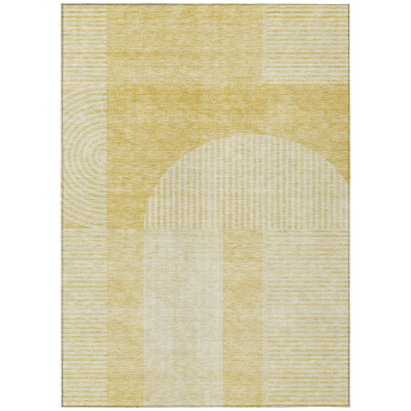 3' X 5' Gold Ivory And Yellow Geometric Washable Indoor Outdoor Area Rug