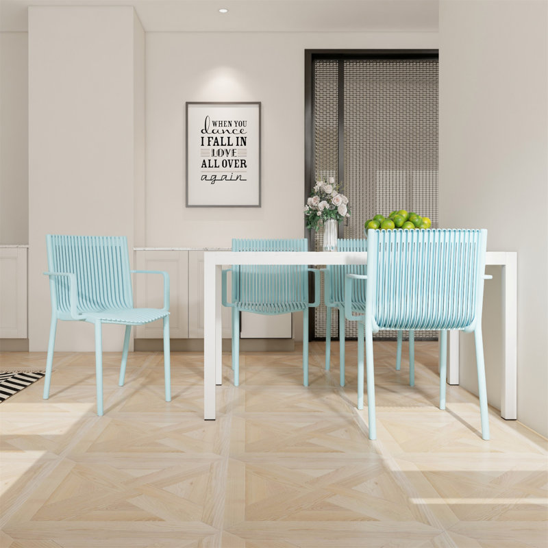 Holiday - 4Pcs Light Blue Stackable PP Armchair For Indoor/Outdoor Use – Ergonomic Slatted Back With 55 Inch White Modern Long Table - Indoor/Outdoor- Lightweight PP Tabletop With Metal