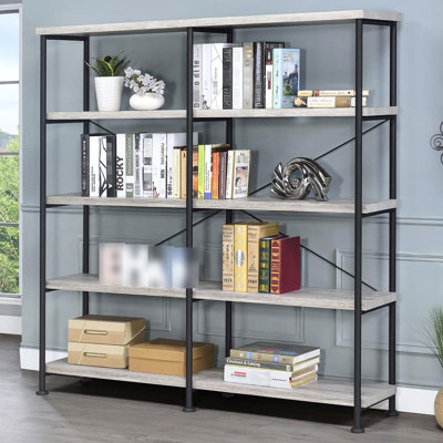 Bibliothèque rustique à 4 tablettes en bois flotté gris et noir, mobilier de bureau, bibliothèque noire à structure métallique, 4 tablettes pour le bureau,