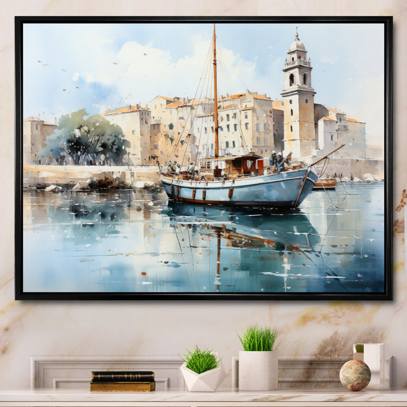 Ishan " French Mediterranean Harbour In Marseille II ", H 16 po x l 32 po x P 1 po, Cadre flottant noir