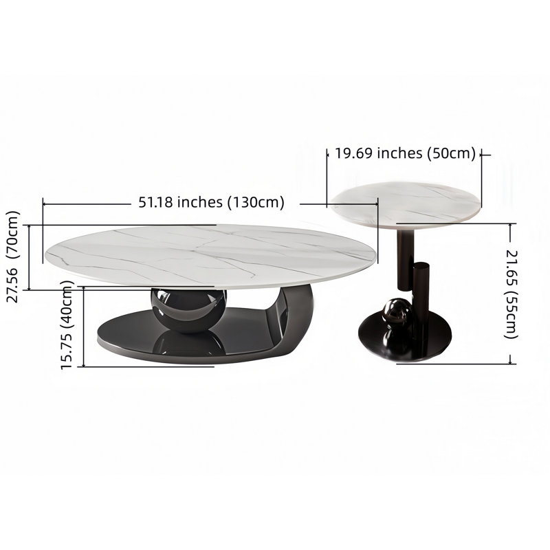 Coffee Table Set 51"Oval Sintered Stone & 19.7"Round Table Steel Sphere+C-Base for Room/Studio