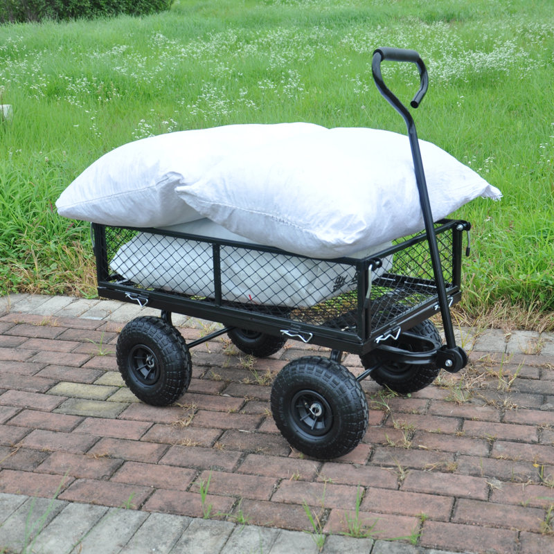 Charrette utilitaire à quatre roues Charrette de jardin en acier avec pneus en caoutchouc Transport robuste avec côtés pliables détachables Capacité de 550 lb. Noir