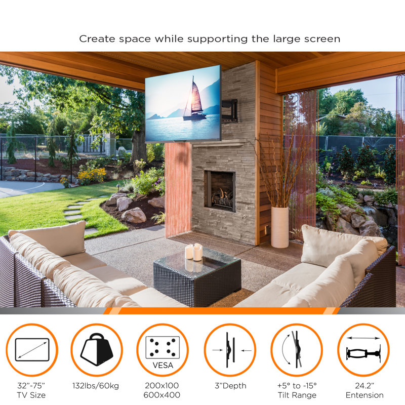 Black Full Motion Outdoor TV Wall Mount for 32"-75" Screens