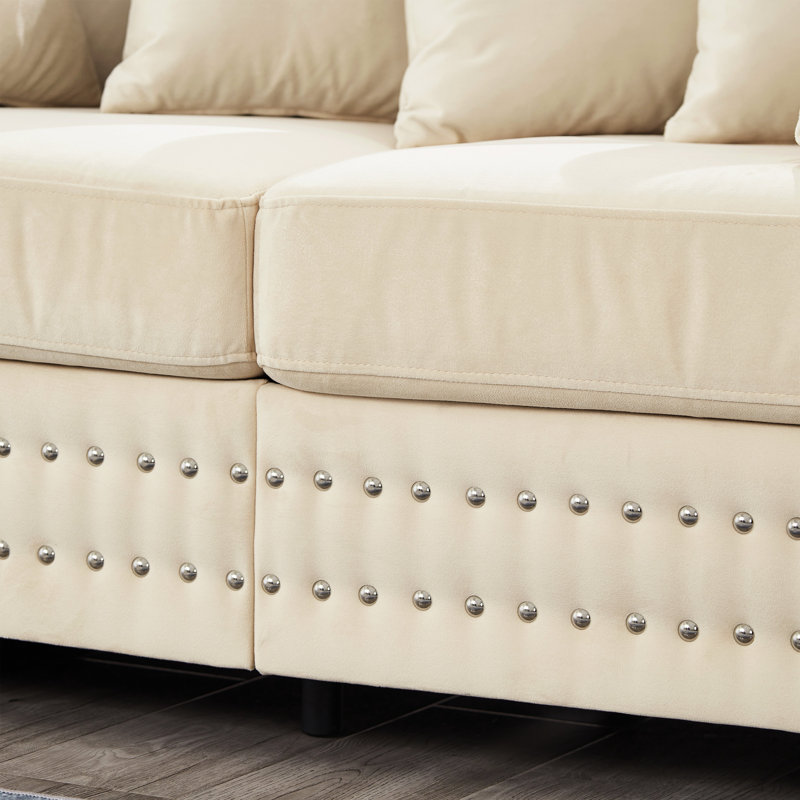 Velours abricot 5 places avec accoudoirs carrés modernes argentés, sièges en mousse à ressorts confortables, housses amovibles, rangement pour siège, structure en eucalyptus contreplaqué 2 + 3 ressorts ensachés à accoudoirs à haute densité