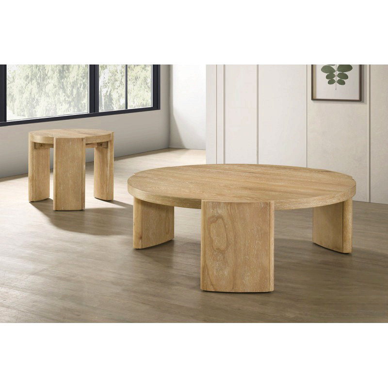 Ensemble de table de salon contemporain 2 pièces, table basse ronde en bois massif et table d'appoint, finition bois flottant Kepler