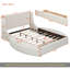 Lit plateforme tapissier en velours avec tête de lit à oreilles, 1 grand tiroir et 2 tabourets de rangement latéraux (beige)-1679337059