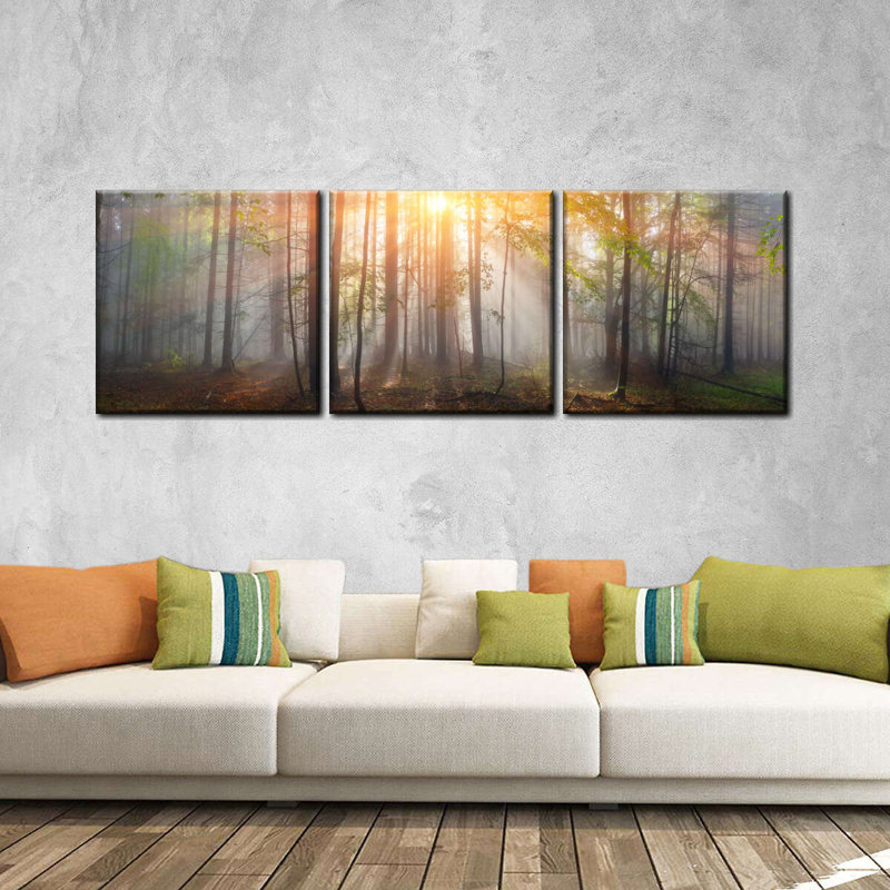 Coucher de soleil sur la forêt des Carpates sur toile 3 pièces, H 24 po x l 74 po