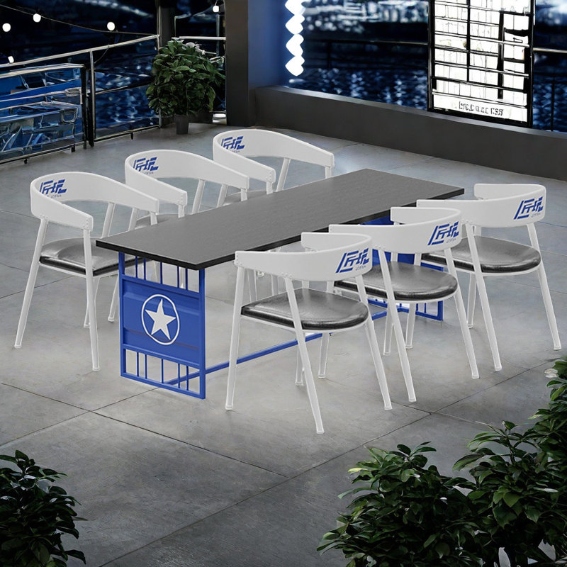 Table et chaises créatives de style industriel, Plateau noir / base bleue, Blanc / noir, 7