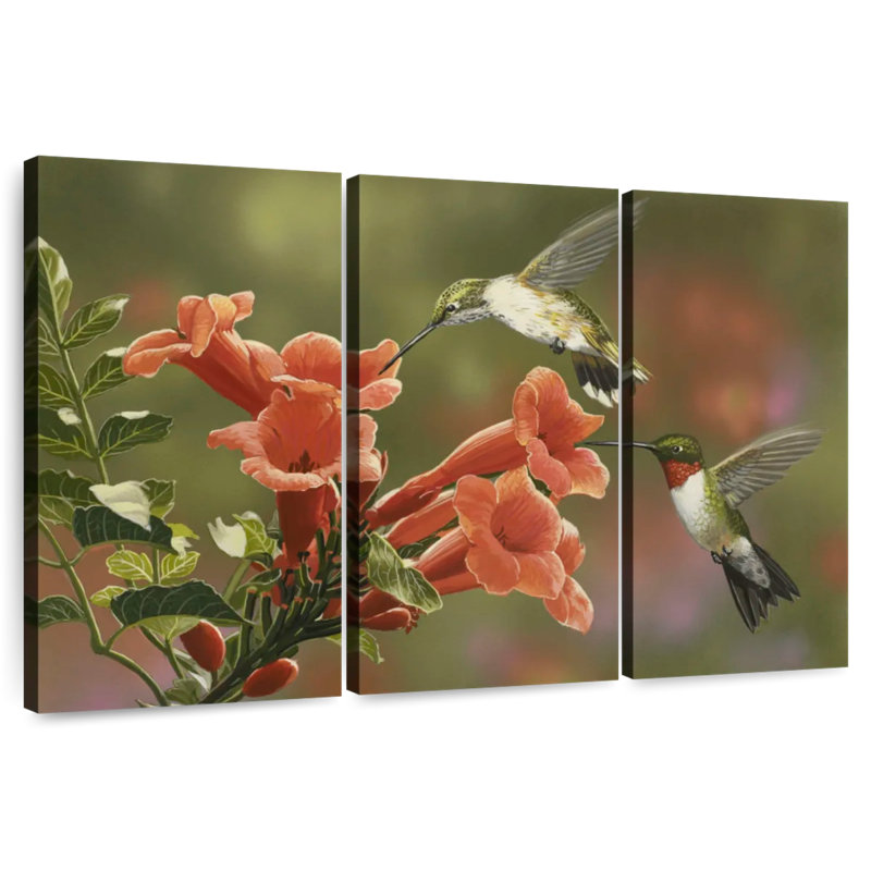 Hummingbirds And Trumpet Flowers, 42" H x 65" W
