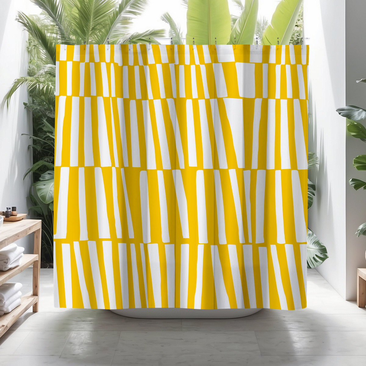 Thora Abstract Mid-Century Shower Curtain, Bright Yellow