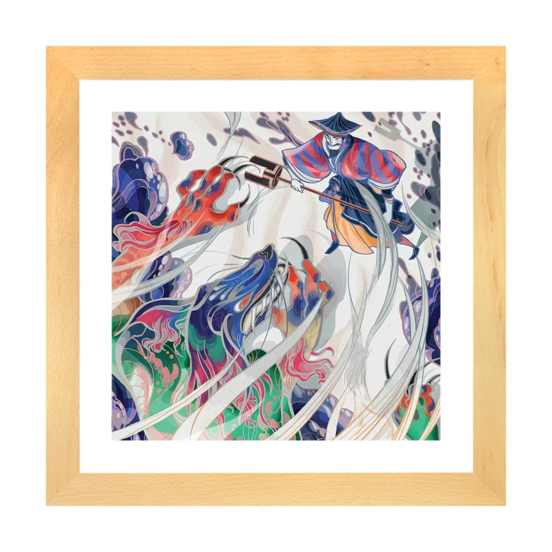 " Water Beast " by Sija Hong, Beige Wood Framed Paper, White, 24" H x 24" W x 1" D