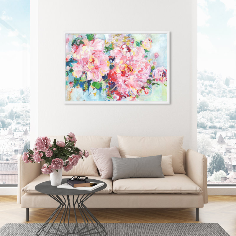 «Pretty Spring Abstract Flowers Modern Pink», cadre photo, Papier avec cadre blanc, H 30 po x l 45 po x P 0,75 po