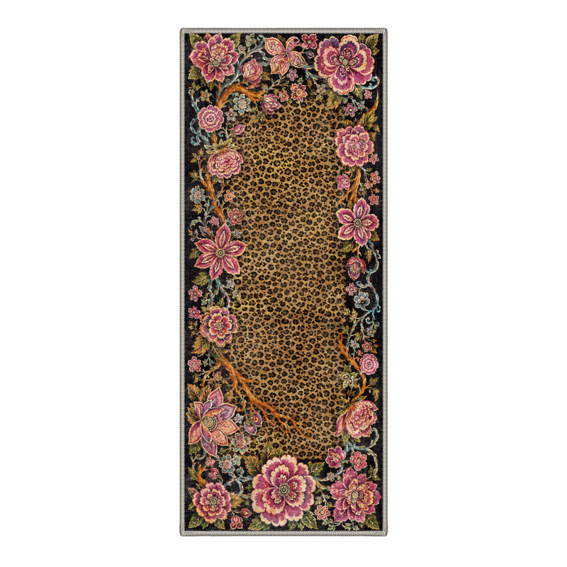 Tapis de couloir noir / brun à imprimé animal lavable à la machine avec envers antidérapant, Runner 2' x 7'