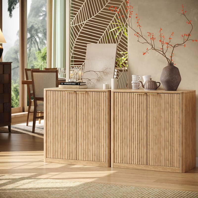 Buffet de 63 po avec rangement, buffet cannelé avec tablettes réglables pour le salon, la salle à manger et la cuisine, Beige