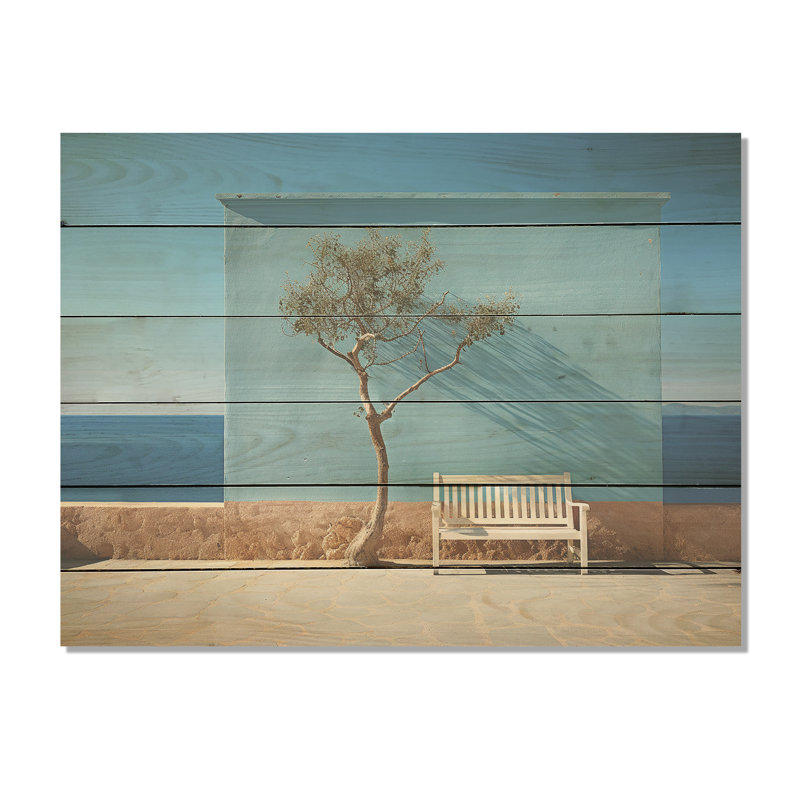 Tree With A Bench Greece Horizon - Coastal Wood Wall Art On Natural Pine Wood, 24" H x 32" W