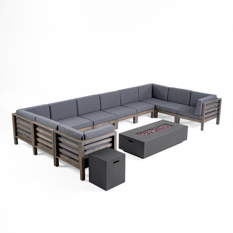 Ajanai Acacia 8 - Person Modular Patio Conversation Set with Cushions, Gray Frame / Dark Gray Cushion