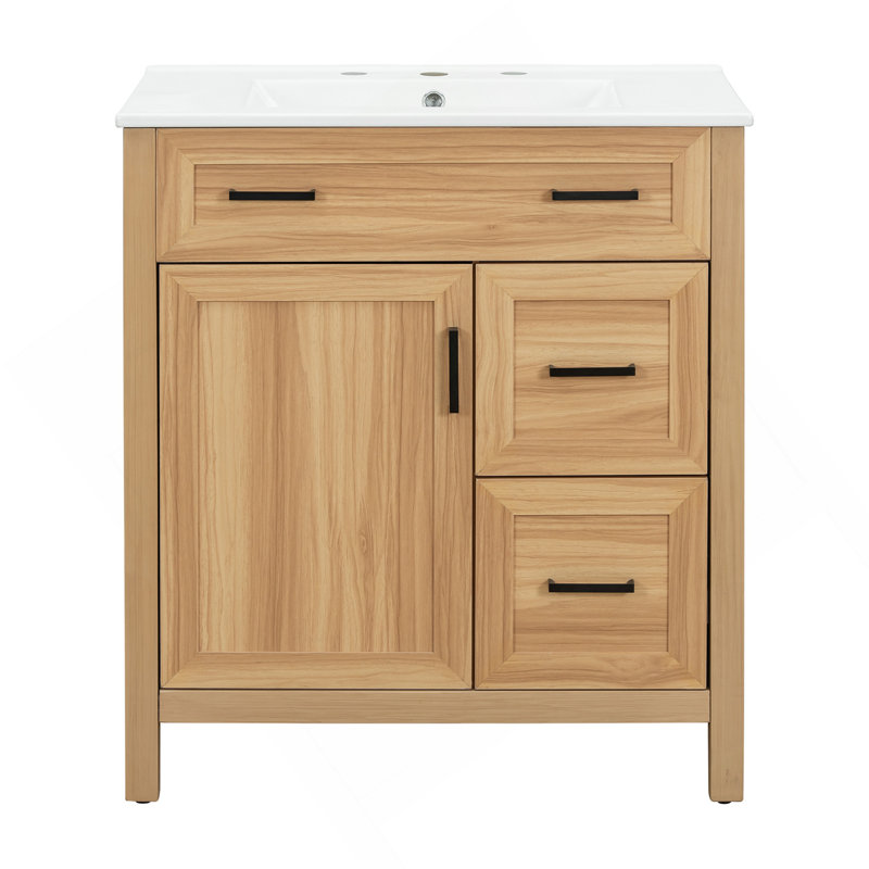 Meuble-lavabo de 30 po en bois avec cadre en bois, 1 porte à fermeture douce, 2 tiroirs à fermeture douce, tablette réglable, armoire de rangement moderne