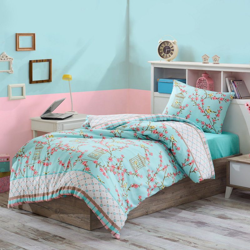 Ensemble de housse de couette simple Elegant, turquoise et blanc avec accents beiges et roses | 65% coton / 35% polyester, housse de couette 61 x 87, taie d'oreiller 20 x 36 | Lavable à la machine, 120 fils, fermeture à boutons et enveloppes
