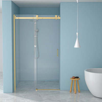 8Mm Tempered Glass Single Shower Door, 304 Stainless Steel Gold Frame, Silent Sliding, Water- Coating