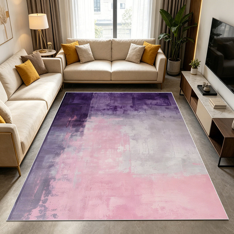 1PC Abstract Distressed Watercolor Block Print with Purple Pink Gray Tones area rugs for Living Room, Soft, All seasons, Easy-maintain, Washable Indoor mat, Farmhouse suitable for dining room, bedroom, home office...