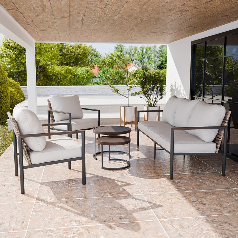 5 - Person Outdoor Seating Group with Coffe Table and Ottoman, Beige, No
