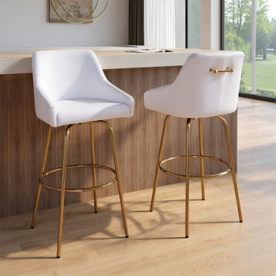 30" Fixed-Height Barstool With Swivel In Gold Metal, White Faux Leather, And Gold Metal With Rounded Gold Metal Footrest - Set Of 2