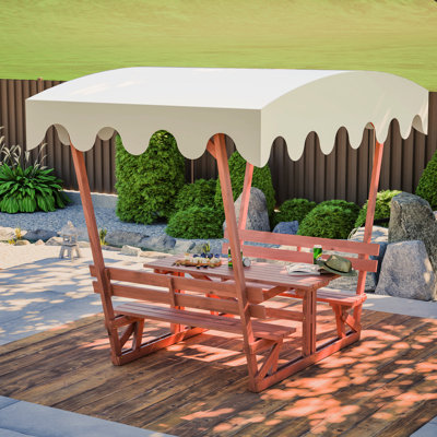 Table et pique-nique en bois massif toutes saisons avec auvent amovible. Fabrication, plateau de table de 1,06 pouce d'épaisseur pour six adultes. Toile imperméable à l'abri des rayons du soleil. Bancs ergonomiques