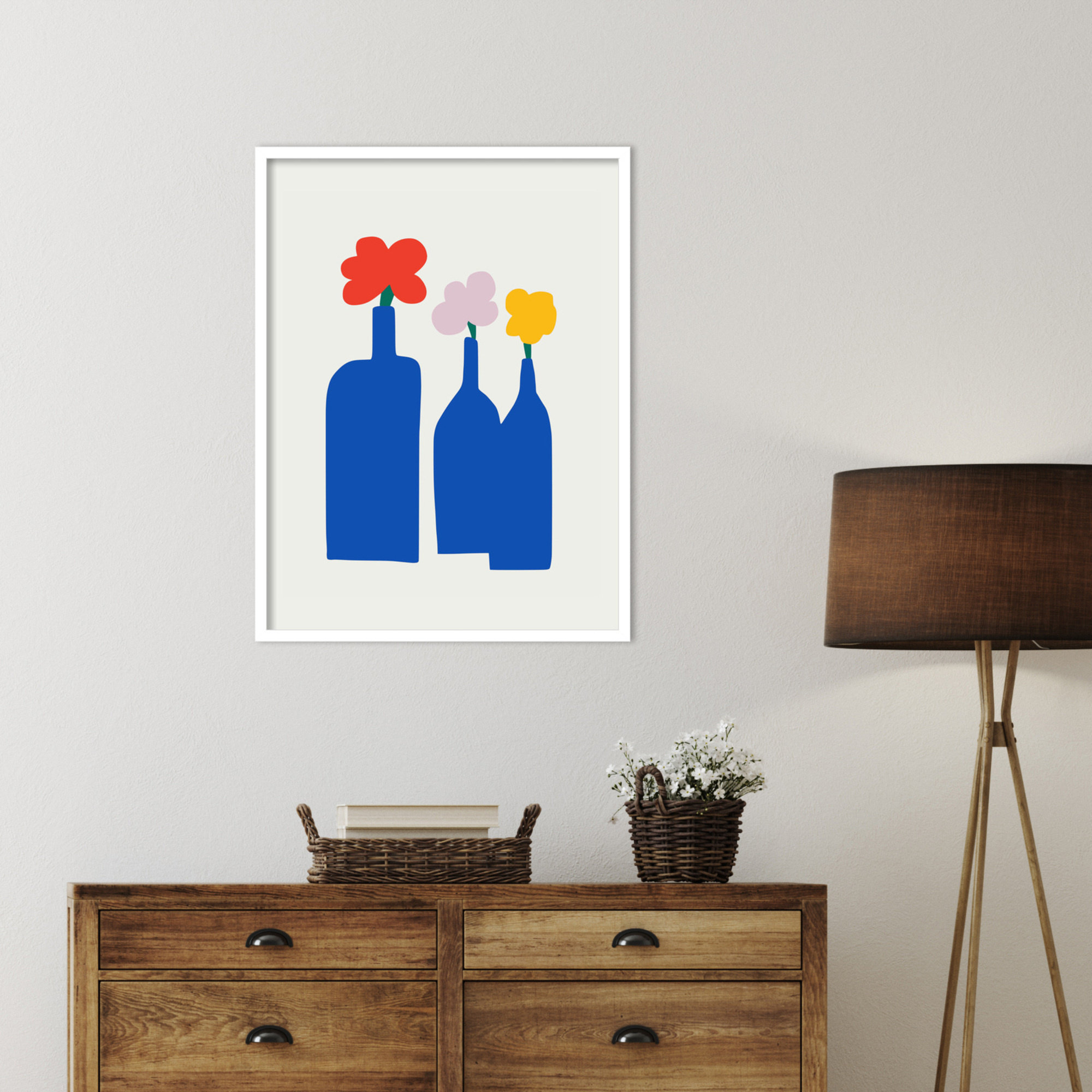Blue Bottle Vase by Little Dean Wood Framed Wall Art Print, 33" H x 25" W, White