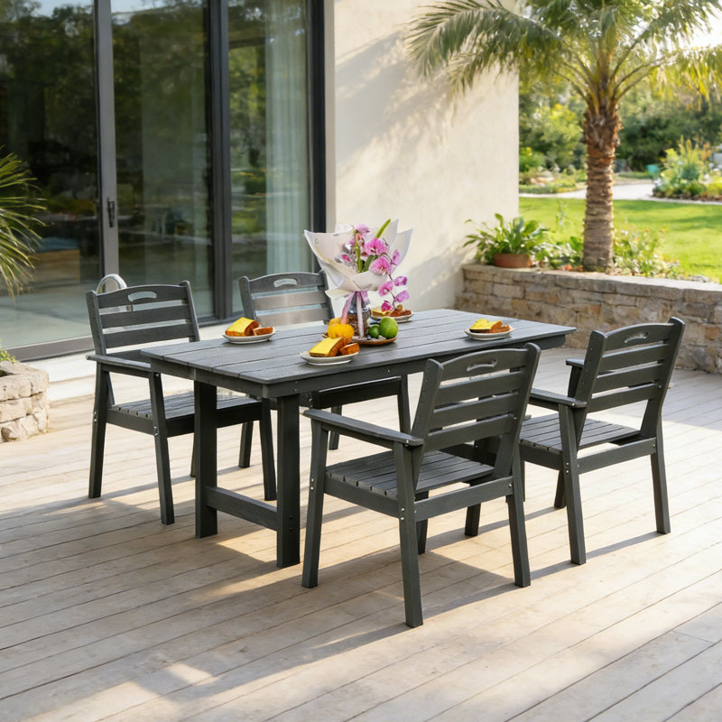 4-Person Outdoor Patio Dining Set with Umbrella Hole, Table and 4 Chairs, Gray, 4