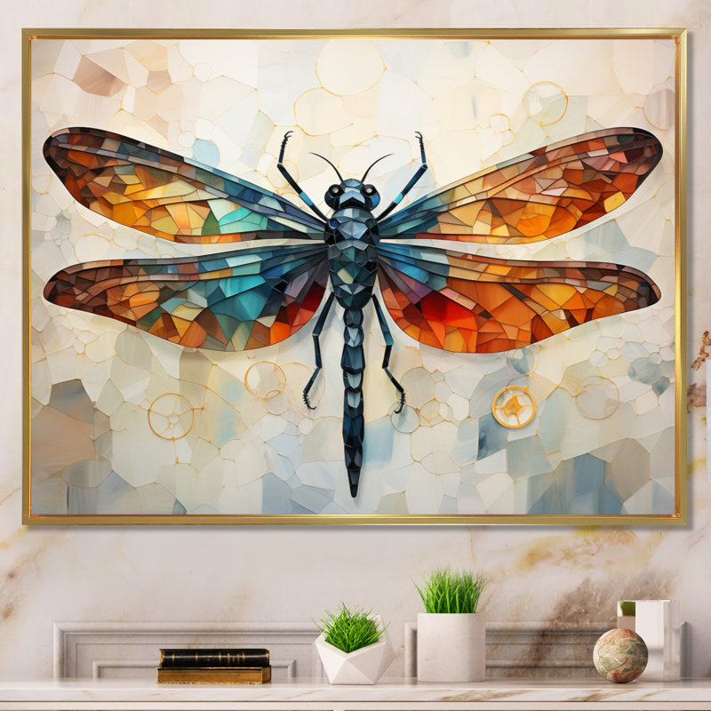 Libellule orange, insectes, vol géométrique I - Libellule, art mural, H 34 po x l 44 po x P 1,5 po, Cadre flottant doré