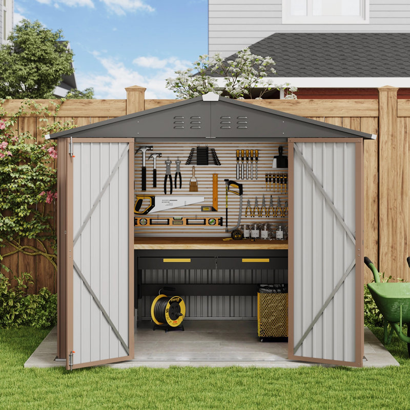 8 Ft. W X 6 Ft. D Metal Storage Shed With Frame And Lockable Door, Brown