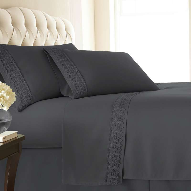Jaquil Extra Deep Pocket Microfiber Sheet Set with Lace Hem, Twin, Slate