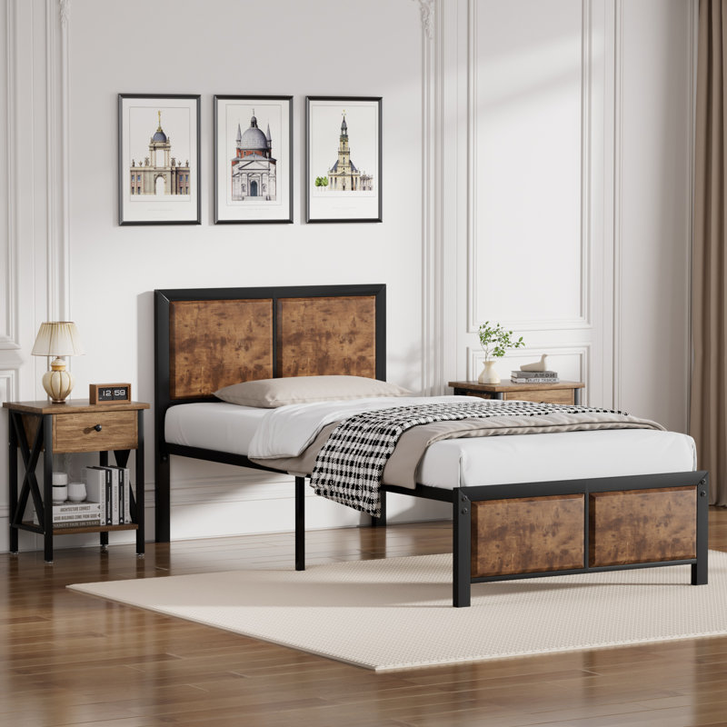 Kempst 3 Piece Twin Size Bedroom Set, Modern Wood Platform Bed Frame and Nightstand Set, Farmhouse Industrial Bedroom Furniture Set in Brown, No Box Spring Needed