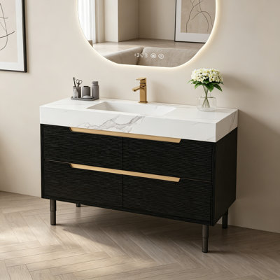Meuble-lavabo moderne de 35,4 po avec lavabo sous comptoir, plateau en pierre frittée, bois massif multicouche imperméable, rangement à 4 tiroirs, autoportant / mural