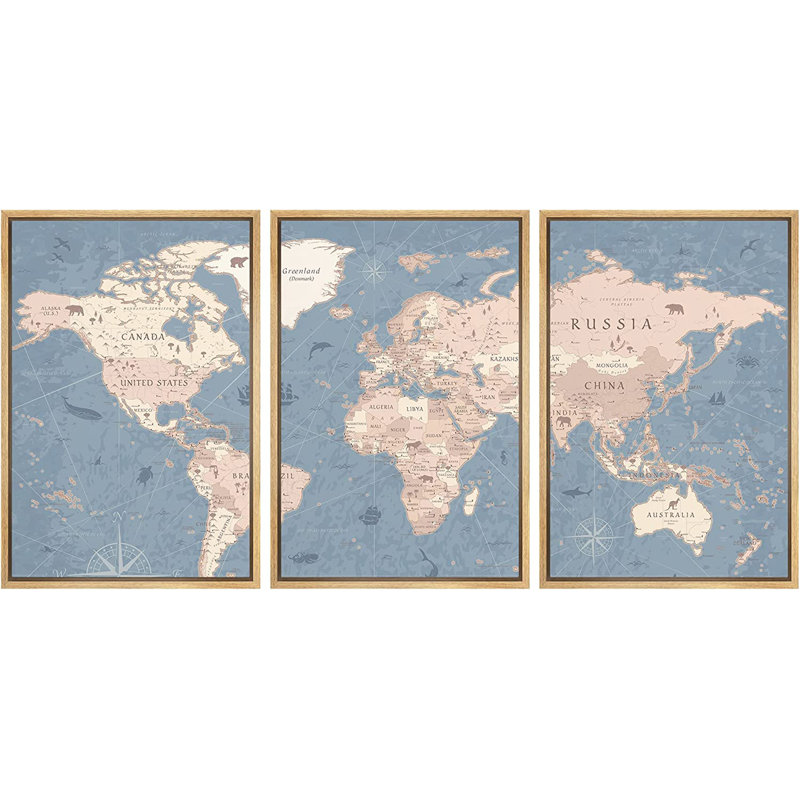 Carte du monde «Blue Global Antique Atlas, H 24 po x l 48 po, Reproduction avec cadre flottant, Naturel