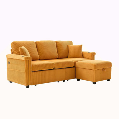 L-Shaped Sectional Sofa With Pull-Out Storage,Ottoman & Pillows 3-Seat With USB Charging,Cup Holder, Convertible Design For Living Room, Apartment, Corduroy Fabric