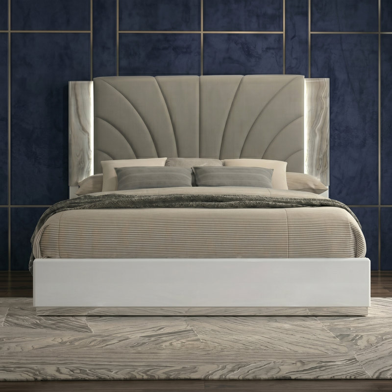 Grand lit plateforme à DEL Monaco avec tête de lit tapissier capitonnée et accents en marbre gris, Queen