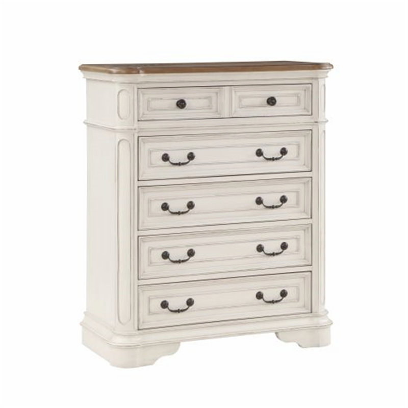 Commode 5 tiroirs Florian en chêne et blanc antique