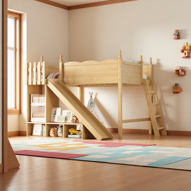 Lit mezzanine double avec tablettes et armoire de rangement, lits mezzanine en bois massif avec glissières amovibles et échelles, aucune boîte à ressorts nécessaire