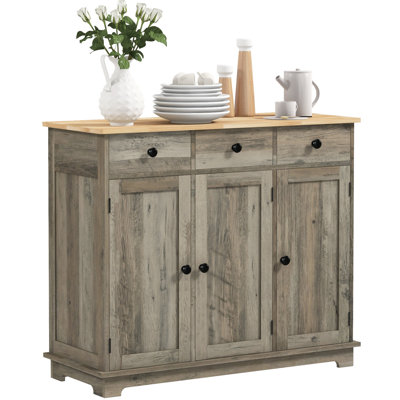 Modern Distressed Gray Sideboard - Kitchen Storage Cabinet With 3 Drawers, Doors & Adjustable Shelf For Utensils, Napkins, Plates, Pots, Pans For Daily Use Solid Wood Countertop, Doors,