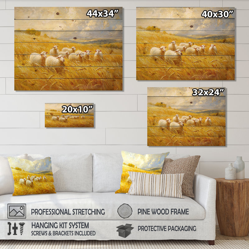 Golden Fields Of Sheep I - Impression sur bois de mouton - sur bois de pin naturel, H 30 po x l 40 po x P 0,78 po