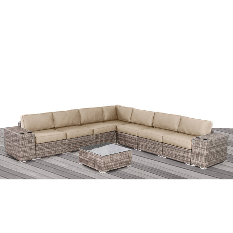 Ensemble de conversation en osier pour 6 personnes avec coussins Sunbrella, Mélange de gris, Sunbrella® beige