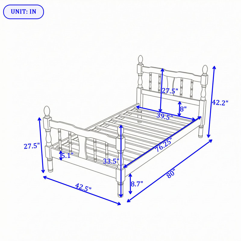Lit plateforme en bois avec tête et pied de lit à fuseaux, Twin, Noyer clair