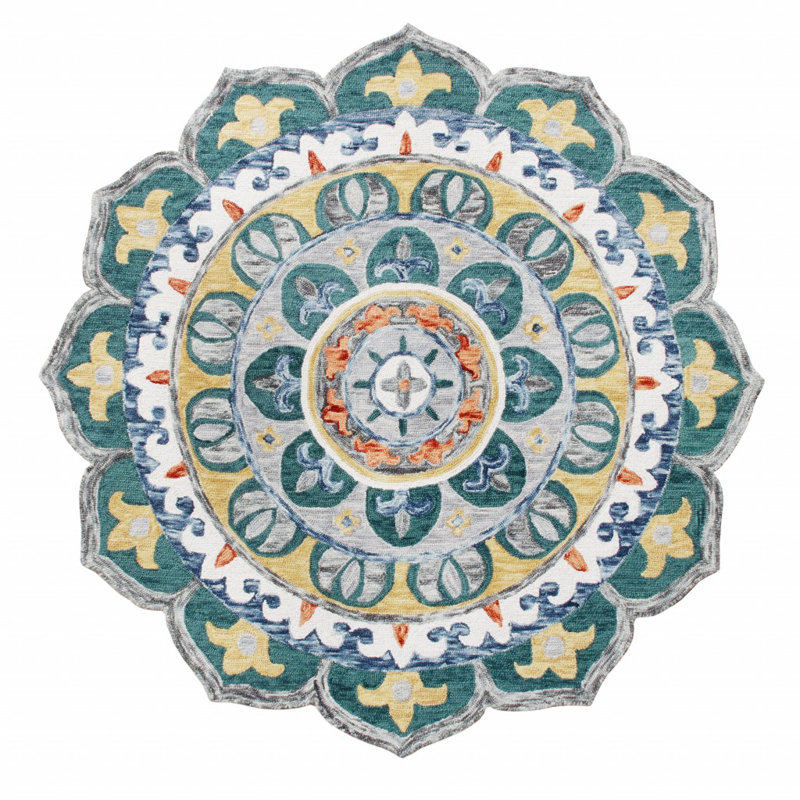 Tapis rond vert / jaune / gris en laine crocheté à la main à motif floral Emmeram, Rond 4 pi